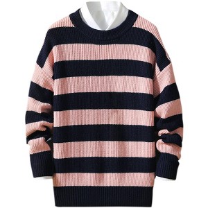 Lars Amadeus Men's Color Block Round Neck Pullover Stripe Knit Sweater - 1 of 4