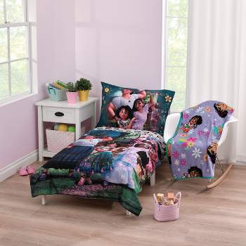 Disney Encanto Power Trio Purple and Teal 5 Piece Toddler Bedding and Blanket Bundle Set