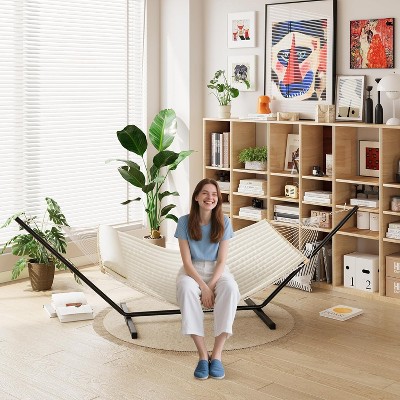 Double Hammock with Space Foldable Saving Steel Stand Included 2 Person Heavy Duty Outside Garden Yard 450lb Capacity for Garden Outdoor Beige