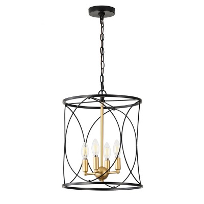 3-Light Black and Gold Cage Chandelier, Modern Drum Pendant Lighting Fixture for Dining Room or Entryway