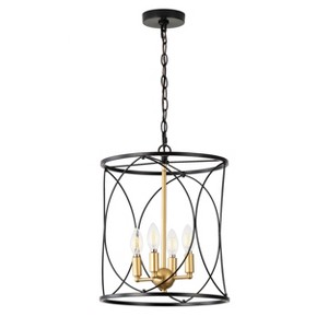 3-Light Black and Gold Cage Chandelier, Modern Drum Pendant Lighting Fixture for Dining Room or Entryway - 1 of 4