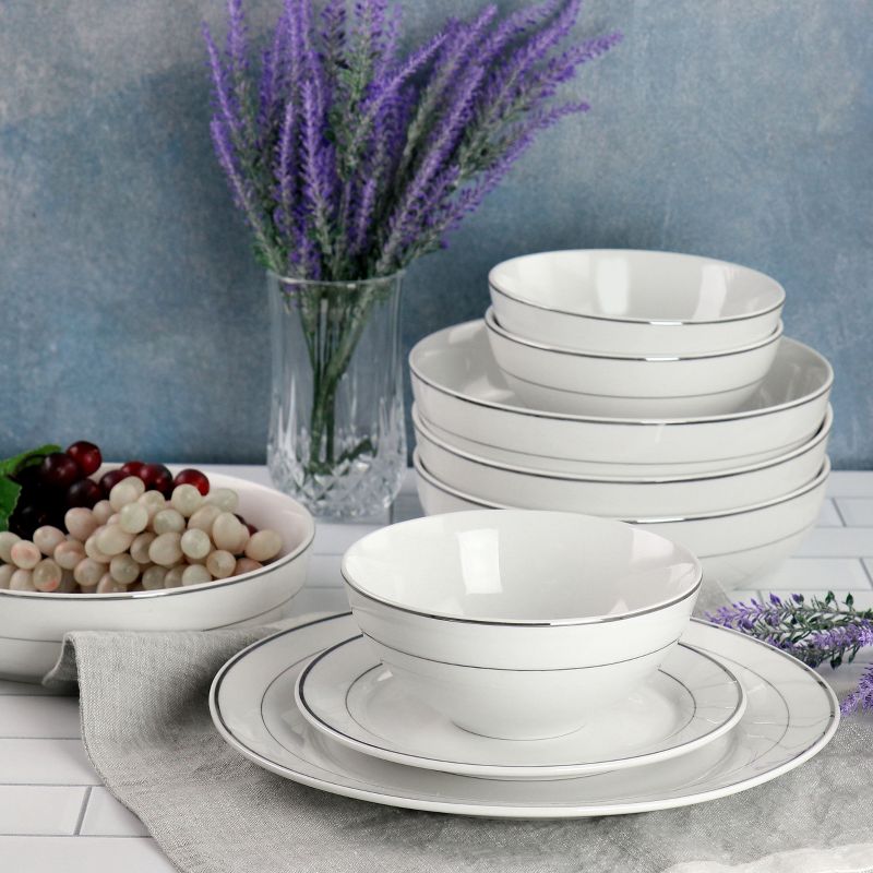 Meritage Classy 16 Piece Round Porcelain Double Bowl Dinnerware Set with Silver Rims, 4 of 9