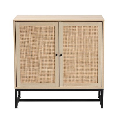 Caterina Wood and Natural Rattan 2 Door Storage Cabinet Natural Brown/Black - Baxton Studio: Mid-Century Design, Metal Frame