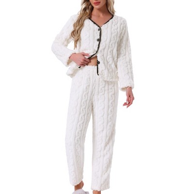 INSPIRE CHIC Womens Flannel Pajama Set Long Sleeve Button Down V Neck Fuzzy Fleece Pants Plush Loungewear