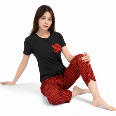 Anna-Kaci Lounge Women's Holiday Plaid Pajama Set with Short Sleeve Tie-Front Top and Elastic Waist Pants- Red,Small