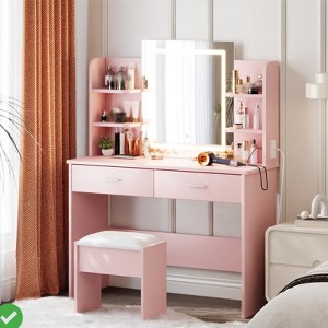 Makeup Vanity Desk with Lighted Mirror& Stool Vanity Table & Chair Set with 2 Storage Drawer 4 Shelves - 1 of 4