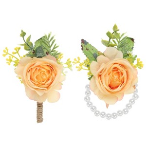 Unique Bargains Fabric Artificial Wedding Rose Flowers Wrist Corsage and Boutonnieres 2 Pcs - 1 of 4