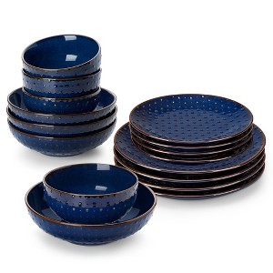 vancasso 16-Piece Blue Polka Dot Embossed Ceramic Set - Whimsical Plates, Bowls & Soup Cups - 1 of 4