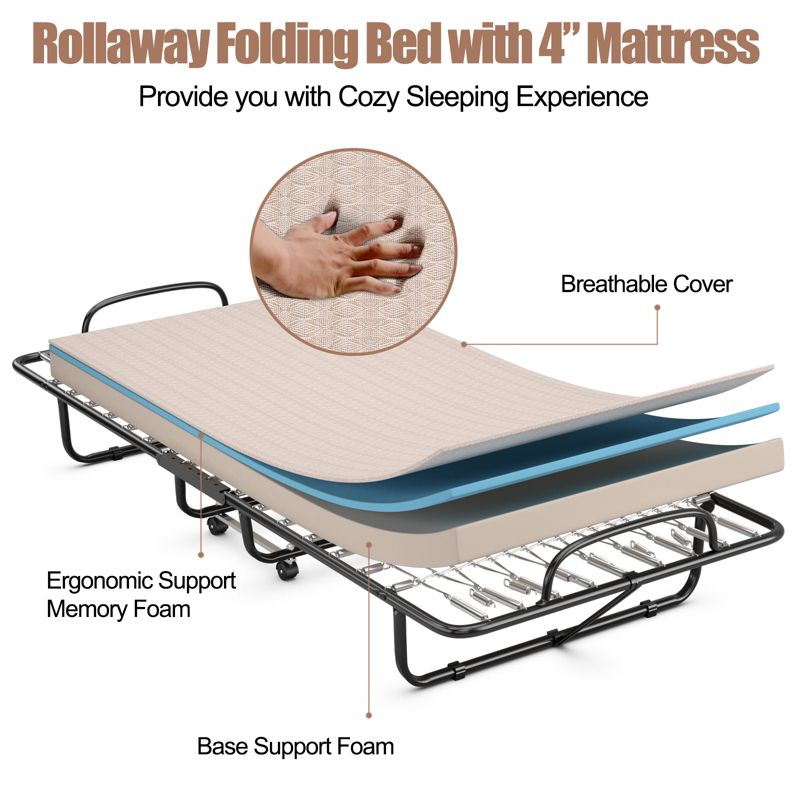 Costway Folding Bed with Memory Foam Mattress Portable Rollaway Guest Cot Memory Foam Beige Made in Italy, 5 of 11
