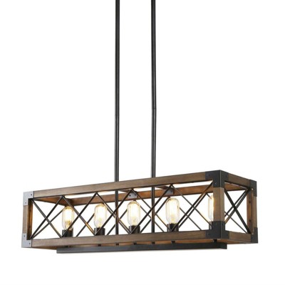 LNC  Laius 5-Lights 31.5" Modern Farmhouse Rectangle Kitchen Island Pendant  Lights, Matte Black and Brown Wood Tone