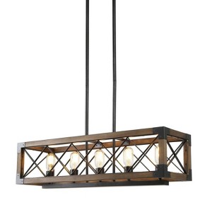 LNC  Laius 5-Lights 31.5" Modern Farmhouse Rectangle Kitchen Island Pendant  Lights, Matte Black and Brown Wood Tone - 1 of 4