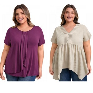 GRACE & GRANDEUR Women's Plus Size 2 Pcs Set Pleated Asymmetry Hem Tops and Texture Button Decor Blouses - 1 of 4