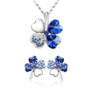 Gold Plated Crystal Four Leaf Clover Pendant Necklace and Earrings Jewelry Set - 1 of 1