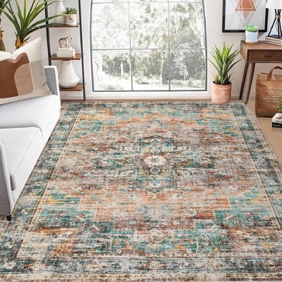 Vintage Area Rug – Washable Low-Pile Carpet, Non-Slip Soft Floor Rug for Living Room, Bedroom & Dining Room