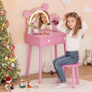 Kids Vanity Table with Lights,Cute Bear Shaped Dressing Tables,Wooden Princess Toddler Make Up Table Set with Storage Drawers &Stool for Little Girls - 1 of 4