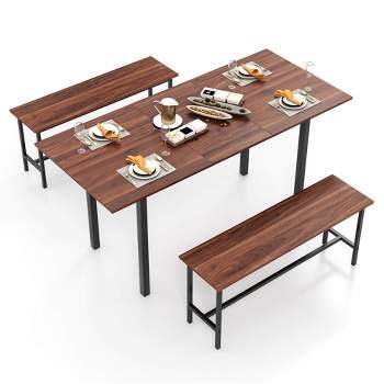 Costway 3 Piece Dining Table Set for 4-6  63"Kitchen Table with 2 Benches Metal Frame Black/Walnut