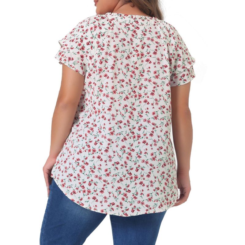 Agnes Orinda Women's Plus Size Floral Ruffle Trim V Neck Button Layered Sleeve Blouses, 5 of 8