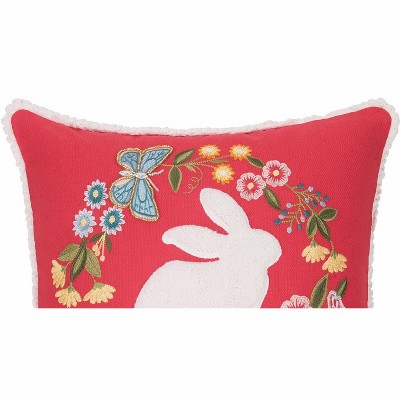 Red Embroidered Bunny Wreath Square Throw Pillow