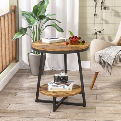 Hommoo 2-Tier End Table, Round Accent Bedside Table with Storage Shelf Rustic Brown