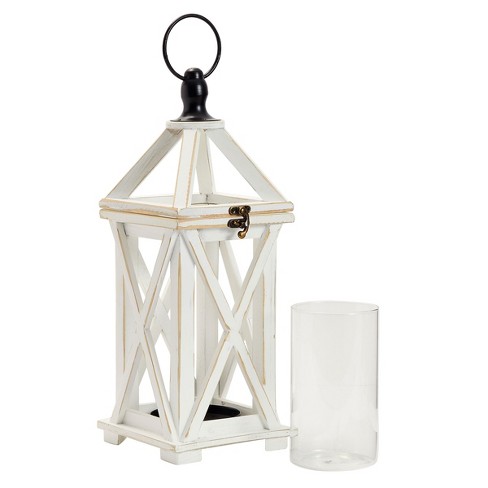 Wooden Decorative Lantern Candle Holder With Glass Hurricane For Fireplace,  Rustic Tabletop Decor (white, 6 X 15 In) : Target