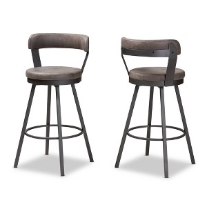 Baxton Studio Set of 2 Arcene Antique Faux Leather Swivel Barstools Gray/Black: Upholstered, Curved Back, Metal Frame - 1 of 4