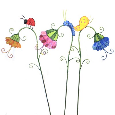 Home & Garden 32.0" Sleepy Flowers Set/3 Ladybug Snail Inch Worm Round Top Collection  -  Decorative Garden Stakes