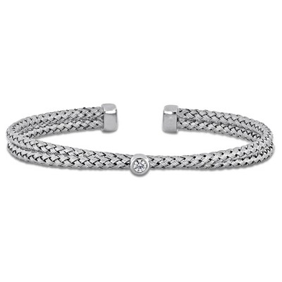 EVERLY JEWELRY | Sterling Silver  0.02 CT TGW 1 Station Cubic Zirconia 2-Row 5.5mm Wide Stretch Braided Bangle