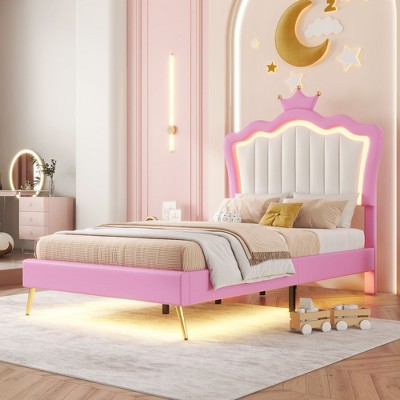 NicBex Twin/Full Upholstered Platform Bed Frame with LED Lights,Princess Bed with Crown Headboard for Girls,Noise-Free,Easy Assembly,Pink+White