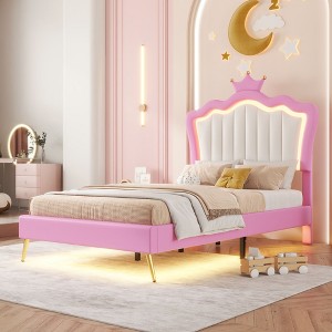 NicBex Twin/Full Upholstered Platform Bed Frame with LED Lights,Princess Bed with Crown Headboard for Girls,Noise-Free,Easy Assembly,Pink+White - 1 of 4