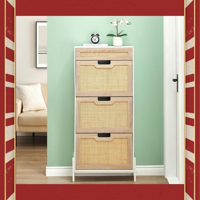 Garvee 3 Flip Drawers Shoe Storage Cabinet with 1 Drawer ¨C Freestanding Narrow Rattan Shoe Rack with Metal Legs, Anti-Tipping