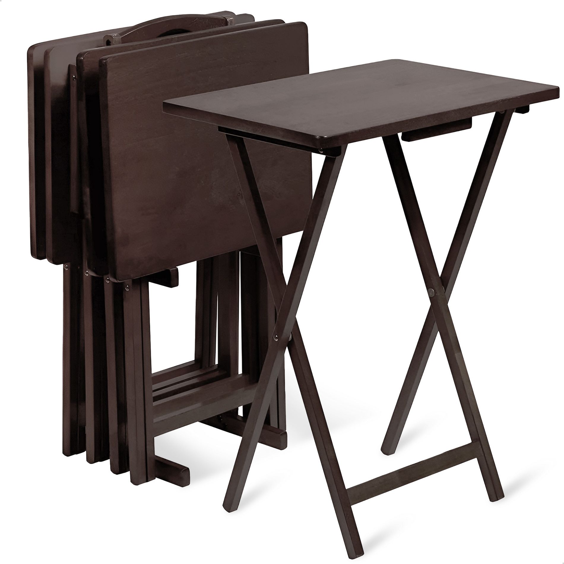 PJ Wood Lightweight Rectangular Solid Wooden Indoor Home Folding TV Snack Tray Portable Tables with Compact Storage Rack, Espresso (5 Piece Set)