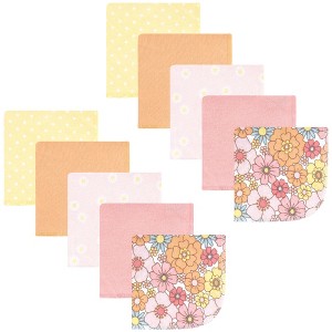 Hudson Baby Infant Girl Flannel Cotton Washcloths, Peace Love Flowers 10 Pack, One Size - 1 of 4