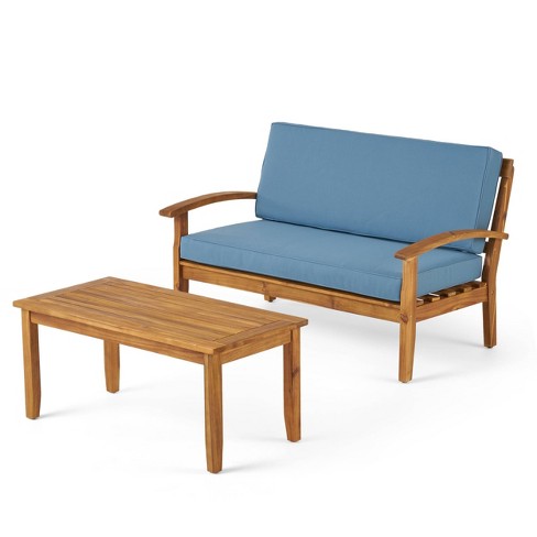 Teak Finish Christopher Knight Home Peyton Outdoor Acacia Wood Loveseat and Coffee Table Set with Water Resistant Cushions Blue