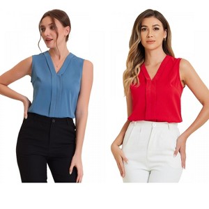 INSPIRE CHIC Women's Pleated V Neck Solid Work Sleeveless Blouse 2 Packs - 1 of 4