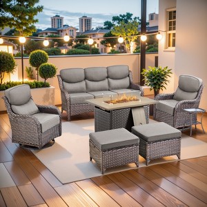 Gymojoy 7 Pieces Outdoor 6 Inch Sofa Swivel Chair Ottoman with Fire Pit Table - 1 of 4