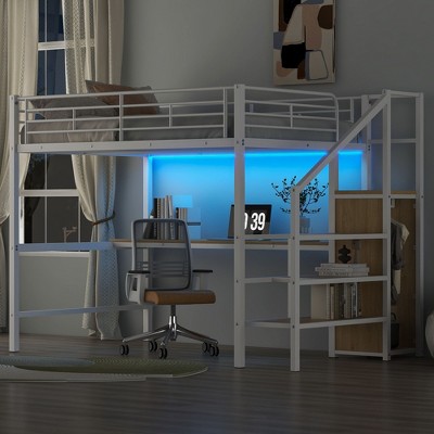 NicBex Full Size Loft Bed with Desk & Storage Staircase,Full Loft Bed with Built-in Wardrobe,LED Lights,Metal Loft Bed for Kids,Teens,Adults