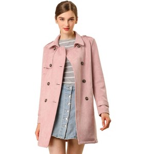 Allegra K Women's Notched Lapel Double Breasted Faux Suede Trench Coat with Belt - 1 of 4