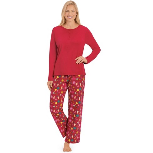 Collections Etc 2pc. Festive Ornaments Pants Pajama Set with Henley Neckline Long-Sleeve Top Large Red Female - image 1 of 4