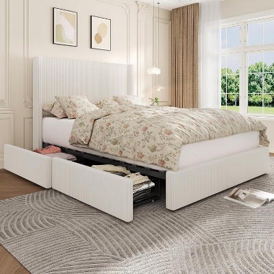 Upholstered Platform Bed Frame with Storage Drawers, Corduroy Wingback with Tufted Headboard and Footboard, No Box Spring Needed