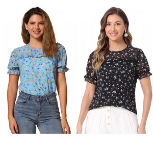 INSPIRE CHIC Women's Chiffon Short Sleeve Ruffled Trim Floral Blouse 2 Packs - 1 of 4