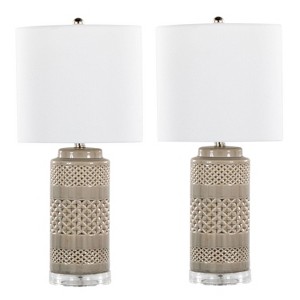 LumiSource Set of 2 Casa 21" Contemporary Ceramic Table Lamps Opal Gray Ceramic Polished Nickel and White Linen Shade from Grandview Gallery - 1 of 4