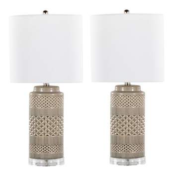 LumiSource (Set of 2) Casa 21" Contemporary Ceramic Table Lamps Opal Gray Ceramic Polished Nickel and White Linen Shade from Grandview Gallery