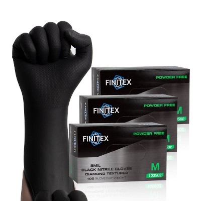 FINITEX Black Industrial 3D Diamond Texture Disposable Nitrile Gloves - 100, 300 & 1000 PCS, 8mil Heavy Duty Chemical Resistant Mechanic Gloves