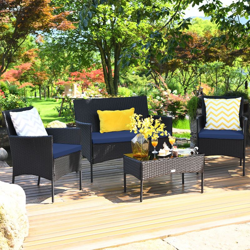 Costway 4PCS Patio Wicker Furniture Set Coffee Table Cushions w/ Cover, 3 of 9