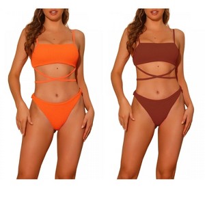 Elerevyo Women's Sporty Ribbed Bikini Lace-up Adjustable Spaghetti Straps Swimwear Bathing Suits 2 Pieces 2 Sets - 1 of 4