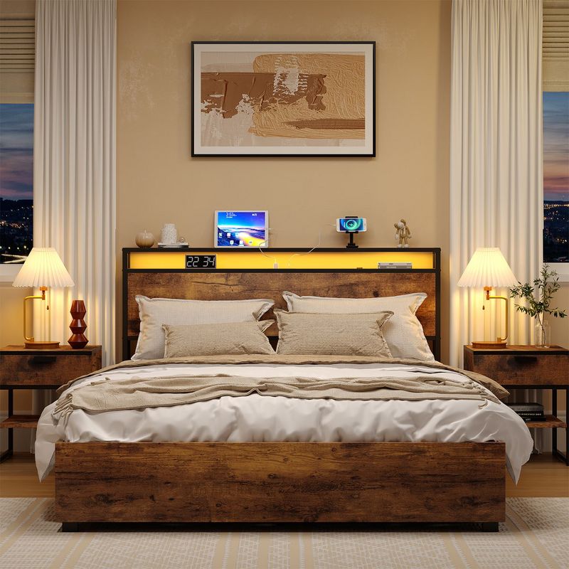 Bed Frame with 4 Storage Drawers & Headboard Metal Platform Bed with LED Lights USB Ports and Outlets Non-Slip Strong No Box Spring Needed, 4 of 10