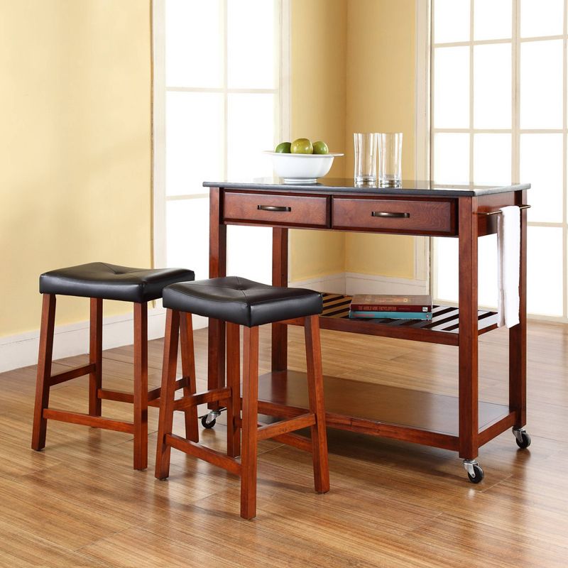 Granite Top Kitchen Prep Cart with 2 Upholstered Saddle Stools - Crosley, 3 of 10