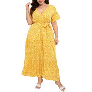 BLUEMING Summer Maxi Dress for Plus Size Women Tie Wasit Surplice Dress Flutter Sleeve A-Line Dress - 1 of 4