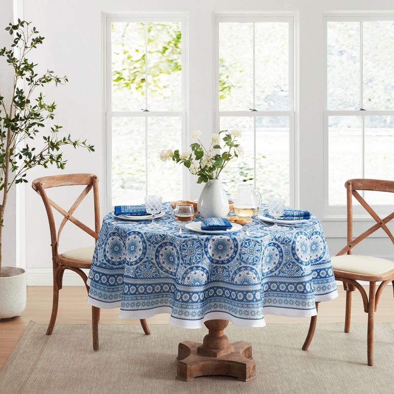 Vietri Medallion Blue Block Print Stain & Water Resistant Indoor/Outdoor Tablecloth - Elrene Home Fashions, 2 of 5
