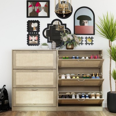 Famapy Yellow Stylish Flip-up Shoe Rack with Rattan - style Design: Space - saving and Adjustable